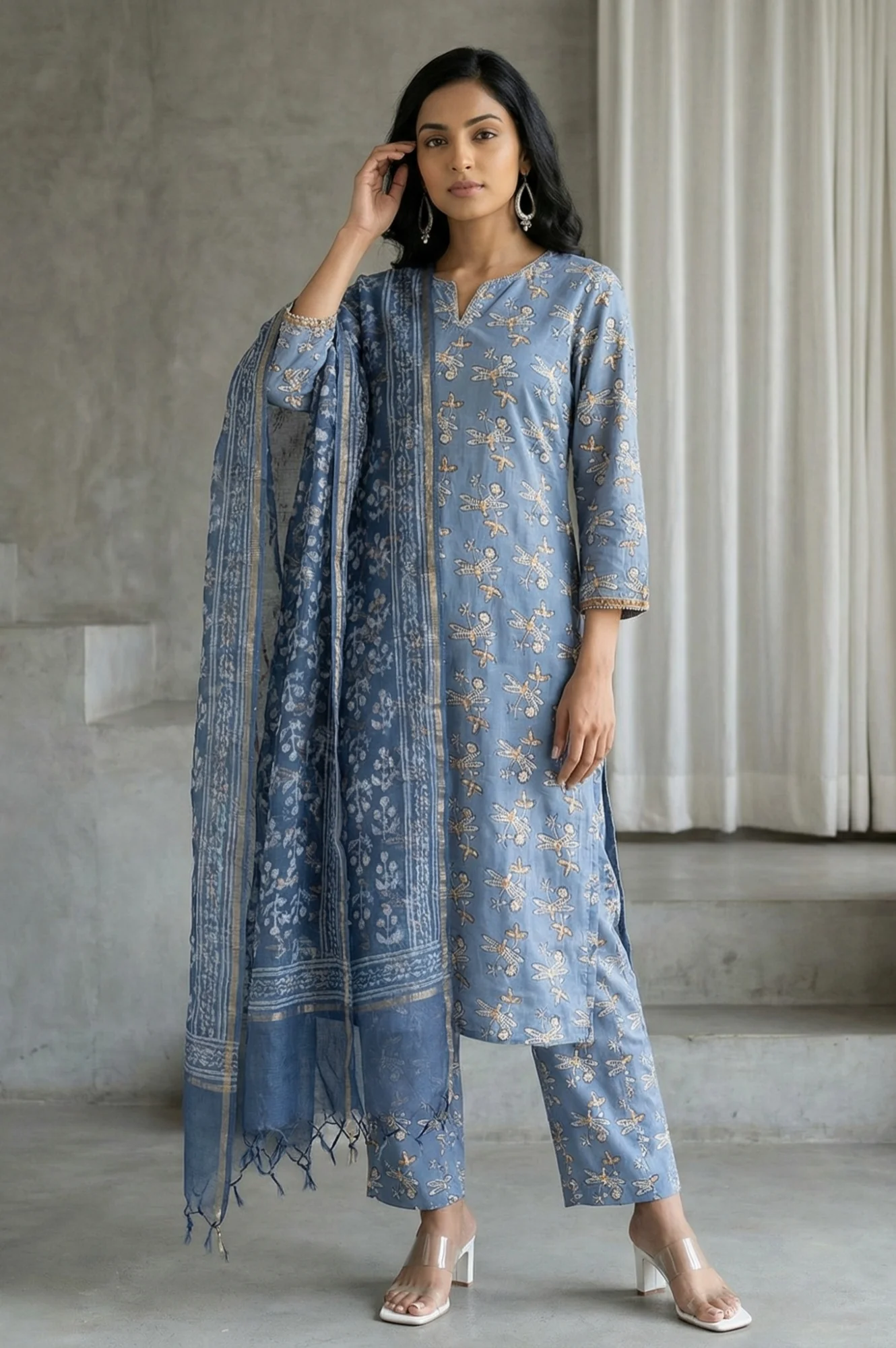 Indigo Blue Block Printed Cotton Silk Kota Dupatta with Zari Border - Image 2