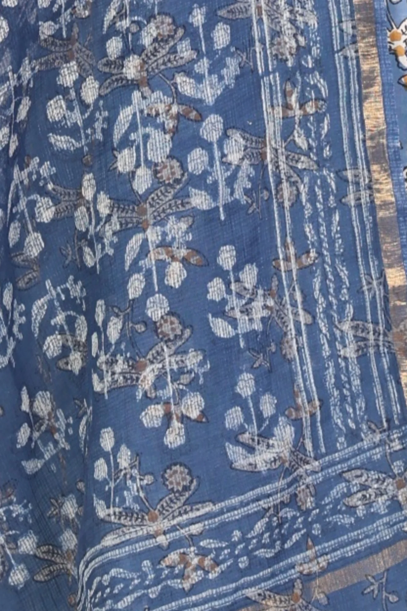 Indigo Blue Block Printed Cotton Silk Kota Dupatta with Zari Border - Image 3