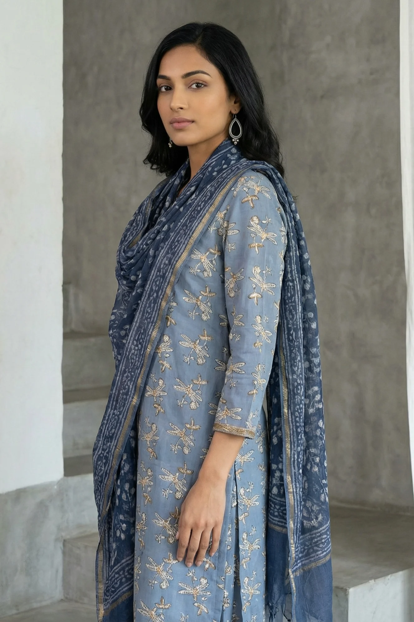 Indigo Blue Block Printed Cotton Silk Kota Dupatta with Zari Border - Image 4