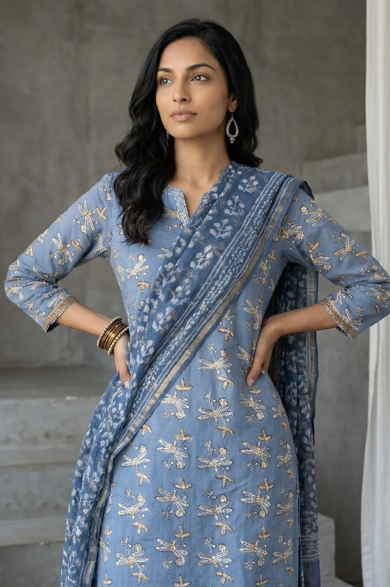 Indigo Blue Block Printed Cotton Silk Kota Dupatta with Zari Border - Image 5