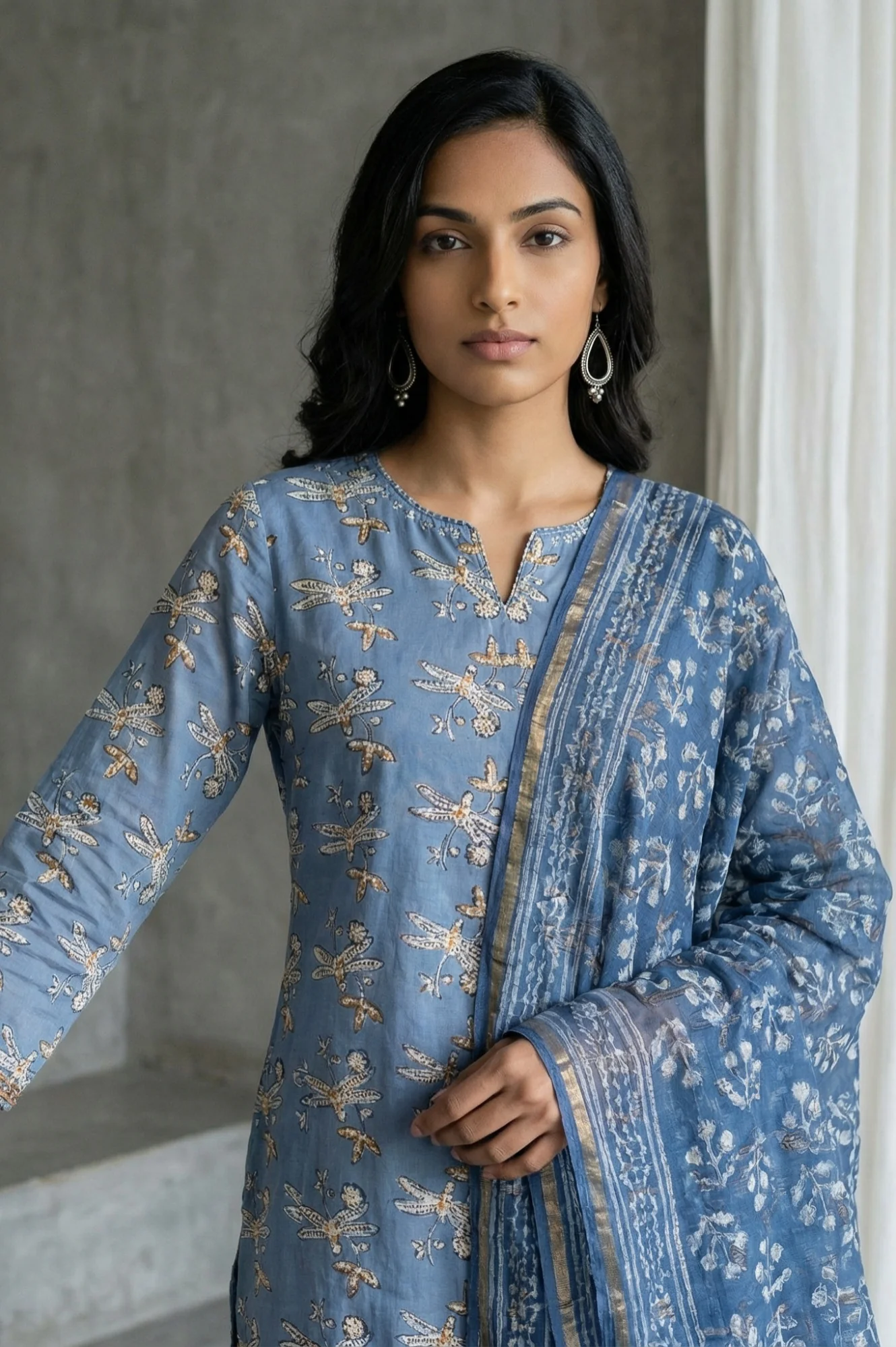 Indigo Blue Block Printed Cotton Silk Kota Dupatta with Zari Border - Image 6