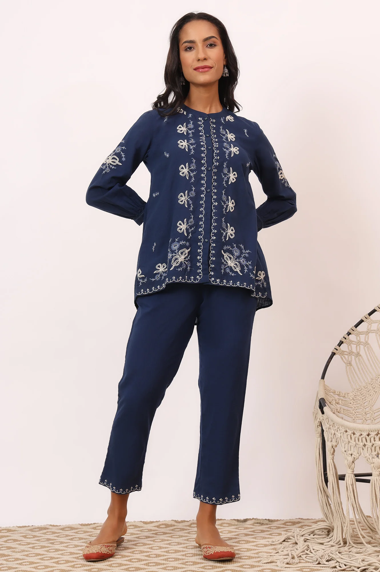 Indigo Blue Chikankari Tunic and Pants Set - Image 3