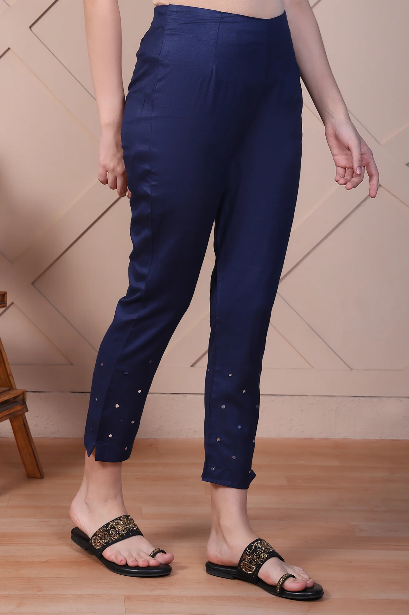 Indigo Blue Mirror Work Tussar Silk Slim Pants - Image 3