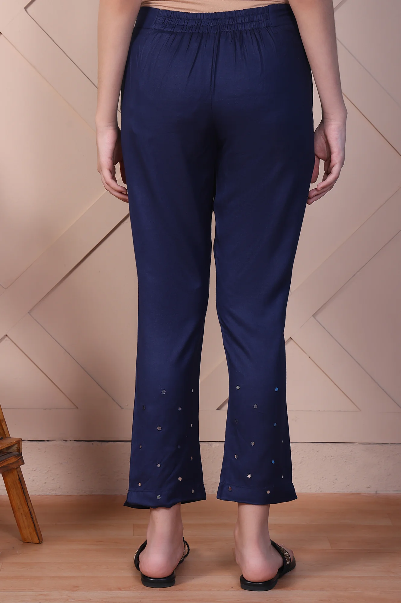 Indigo Blue Mirror Work Tussar Silk Slim Pants - Image 4