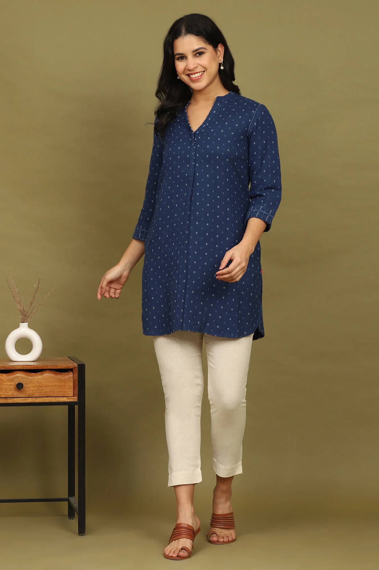 Indigo Blue Yarn Dyed Pure Cotton Top with Beads - Image 2