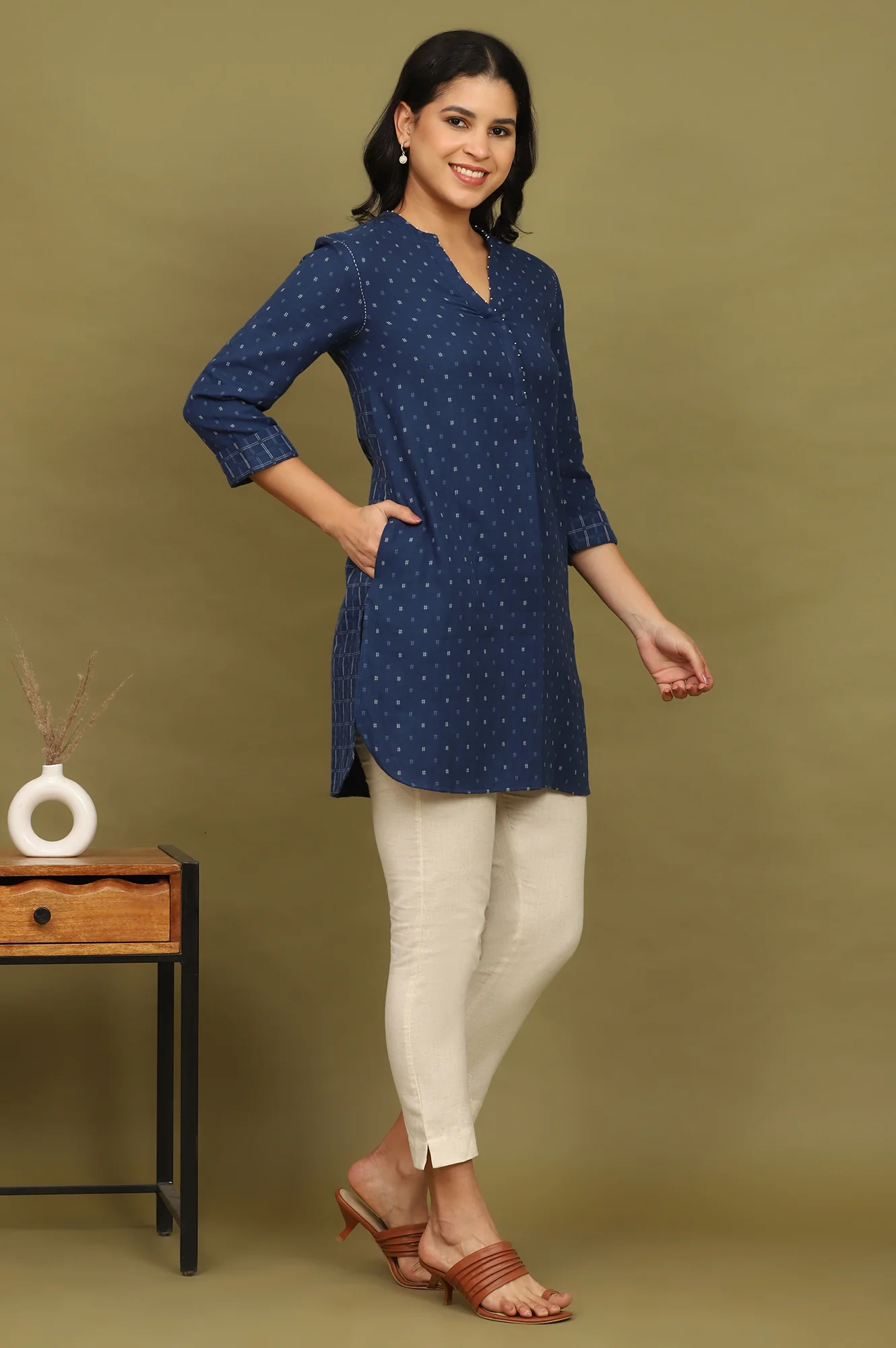 Indigo Blue Yarn Dyed Pure Cotton Top with Beads - Image 7