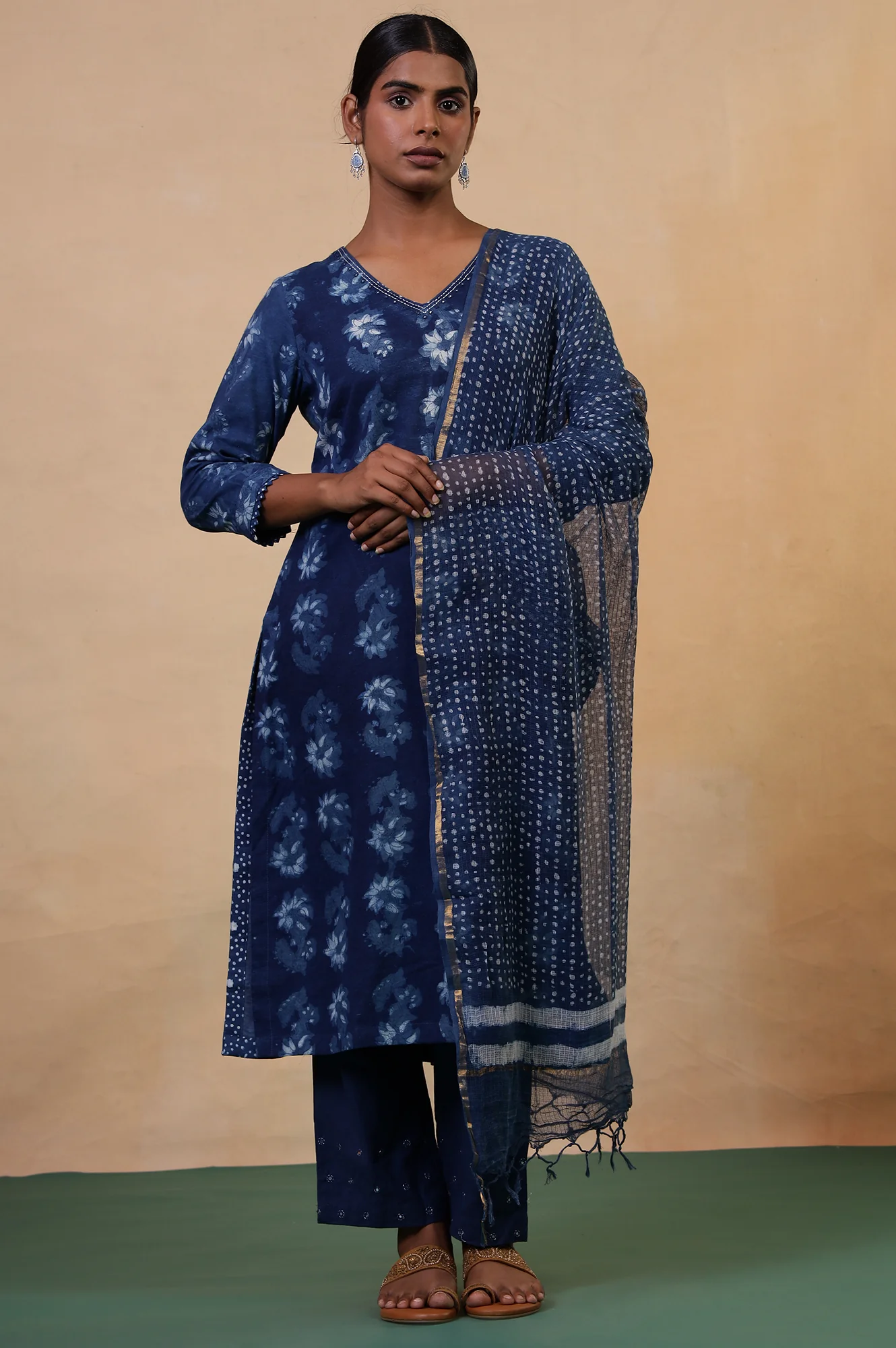 Indigo Cotton-Silk Hand Block Printed Polka Dot Dupatta - Image 2