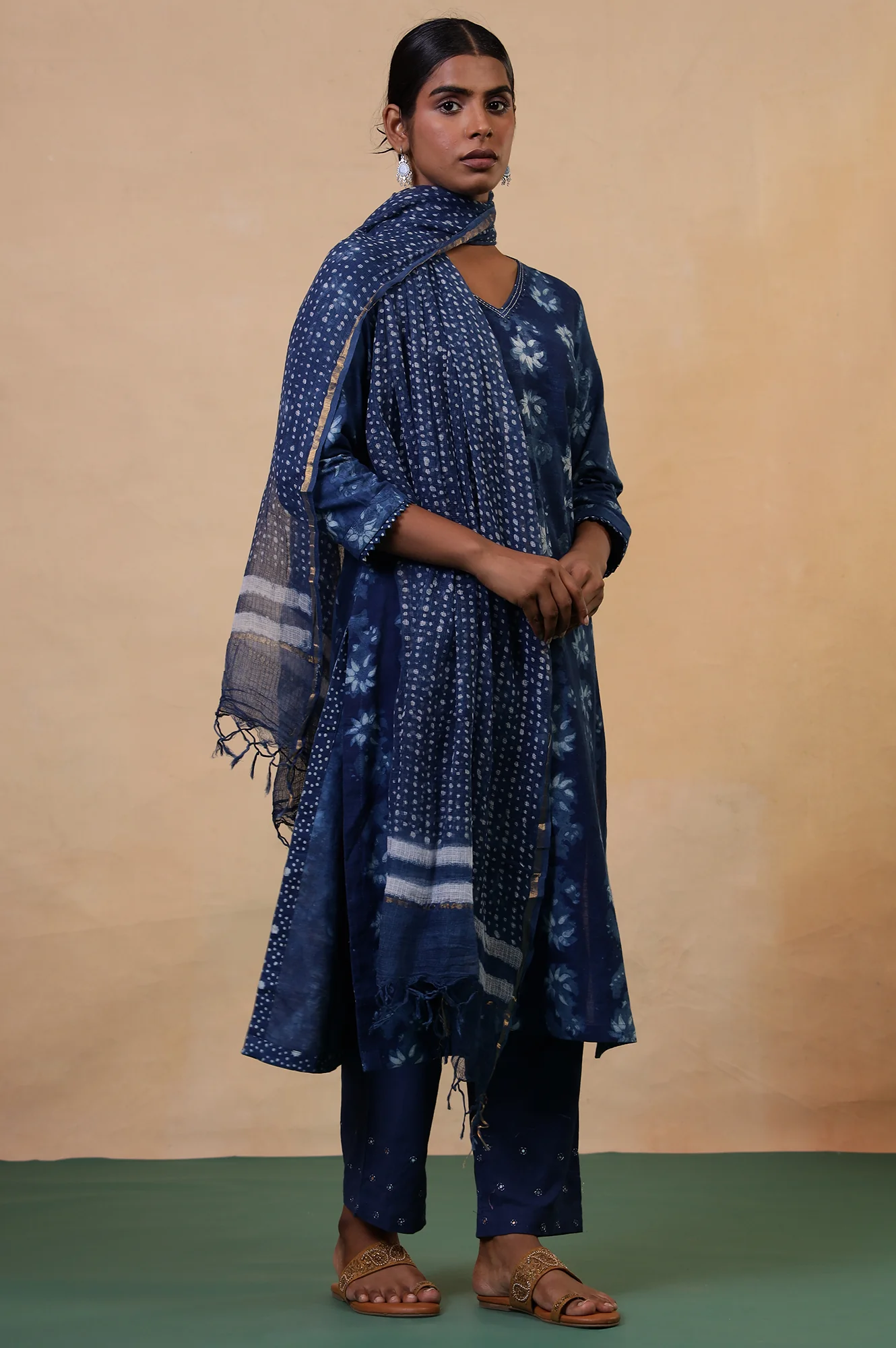Indigo Cotton-Silk Hand Block Printed Polka Dot Dupatta - Image 3