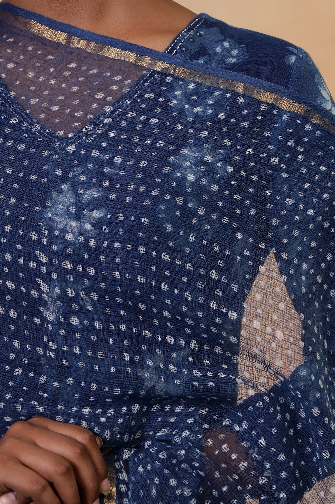 Indigo Cotton-Silk Hand Block Printed Polka Dot Dupatta - Image 4