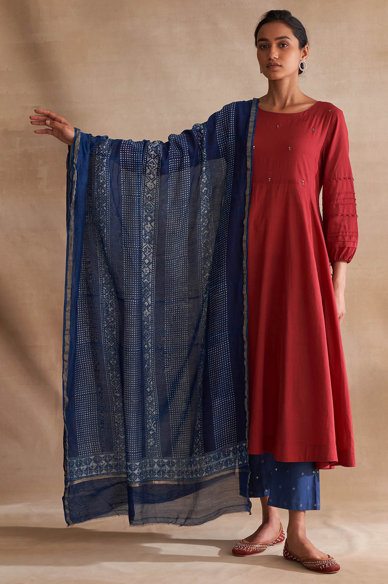 Indigo Dabu Printed Cotton Silk Drape