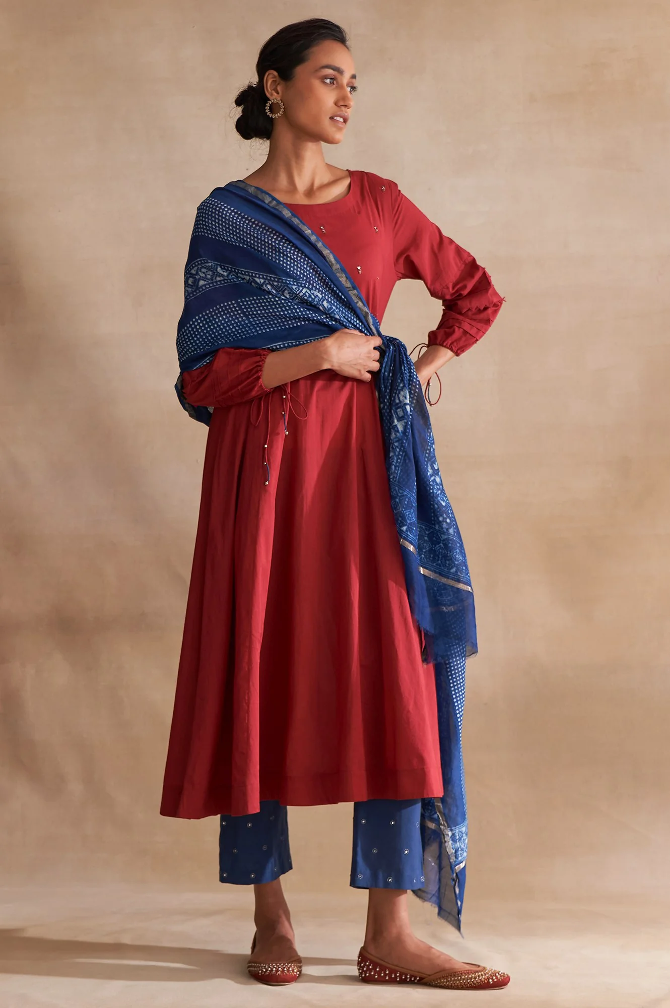 Indigo Dabu Printed Cotton Silk Drape - Image 2