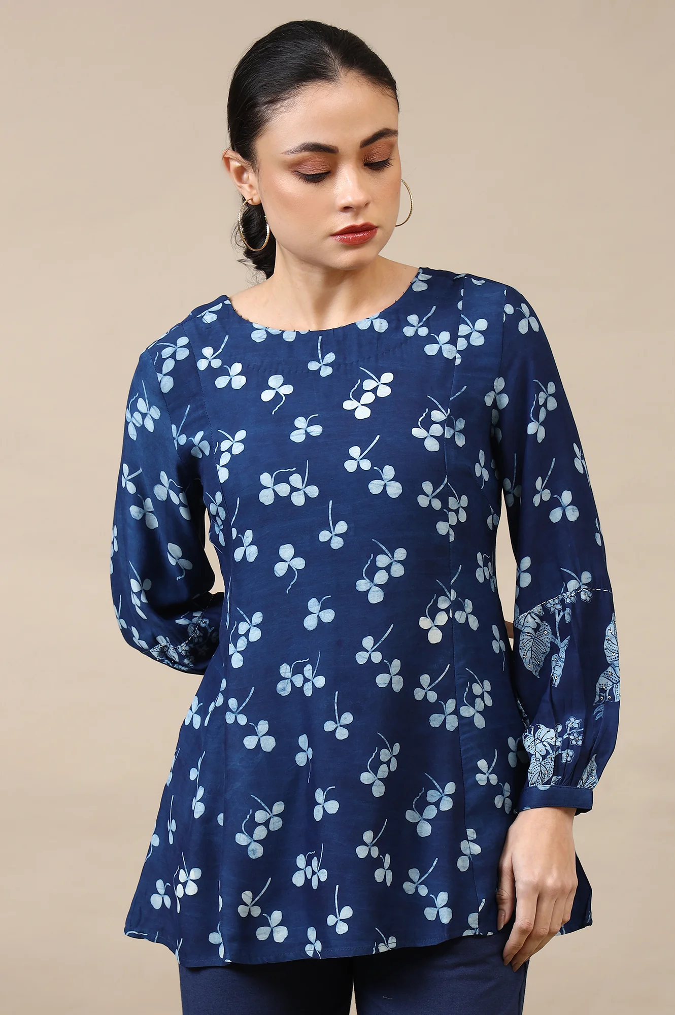Indigo Dabu Printed Top in Lustrous Modal Satin - Image 2