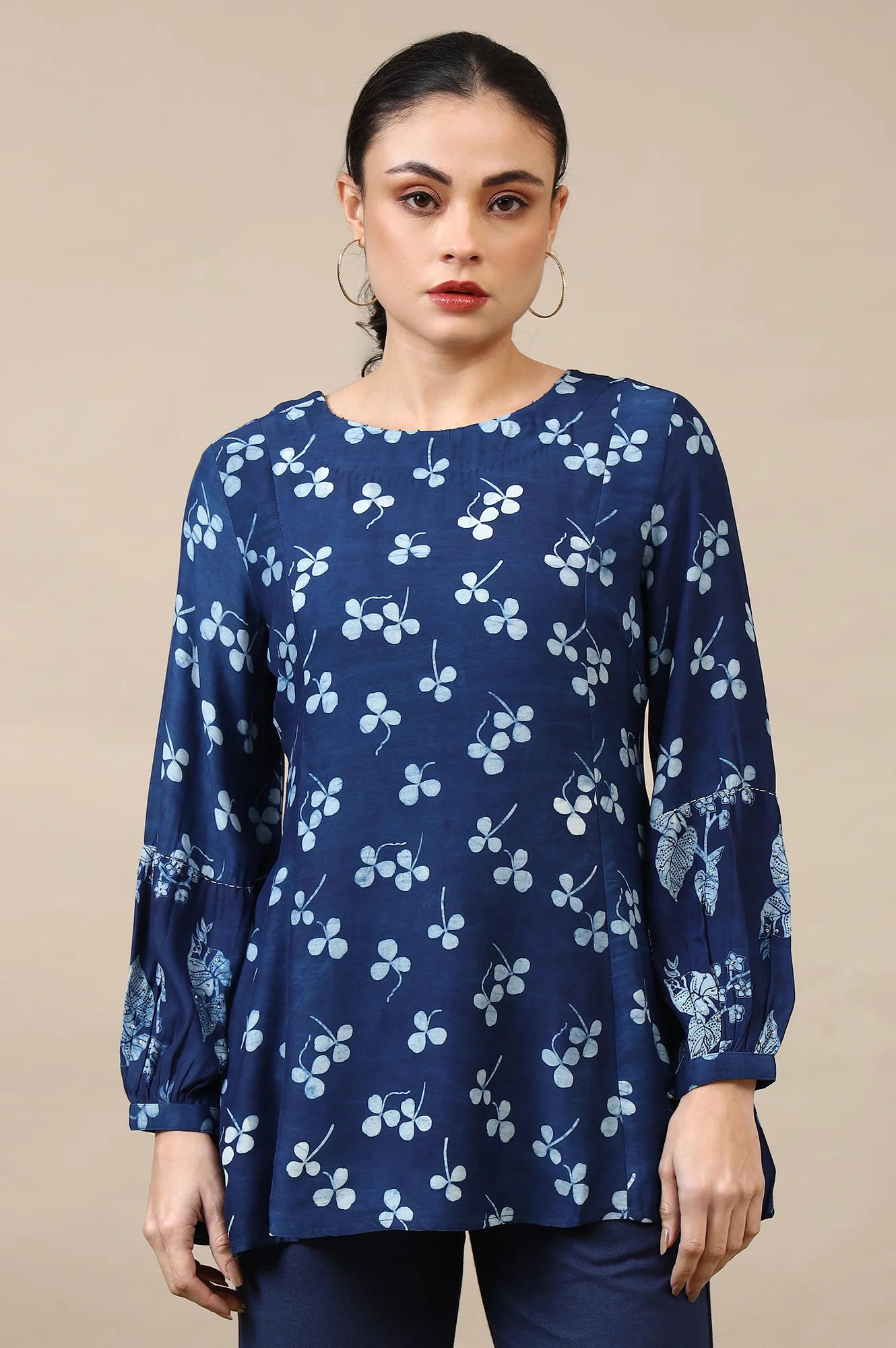 Indigo Dabu Printed Top in Lustrous Modal Satin - Image 3