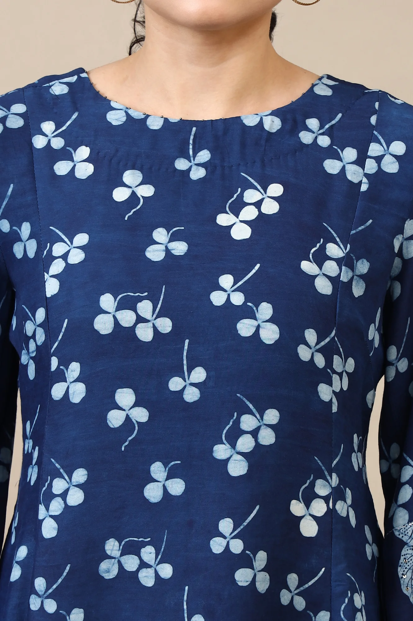 Indigo Dabu Printed Top in Lustrous Modal Satin - Image 4