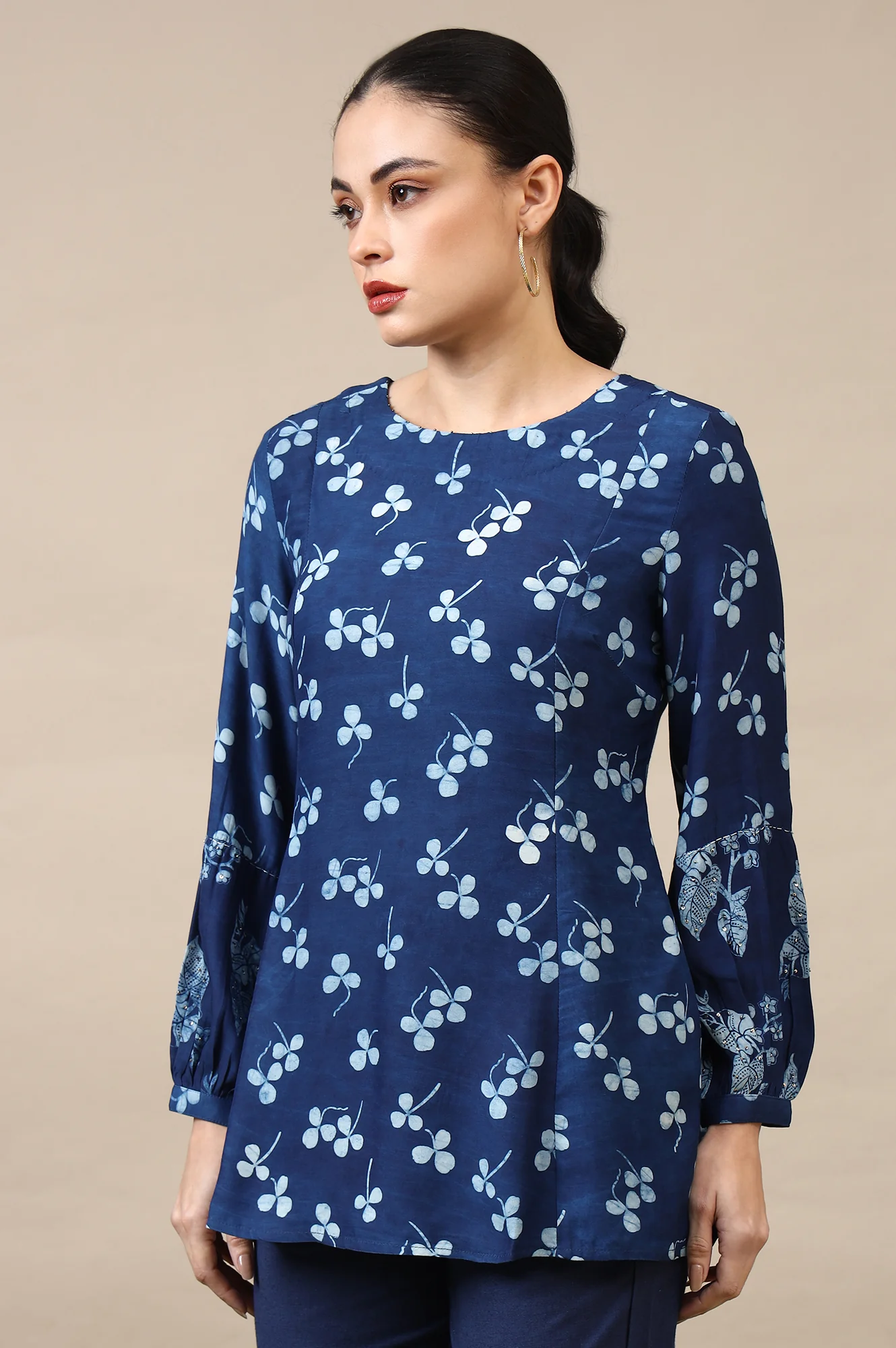 Indigo Dabu Printed Top in Lustrous Modal Satin - Image 5