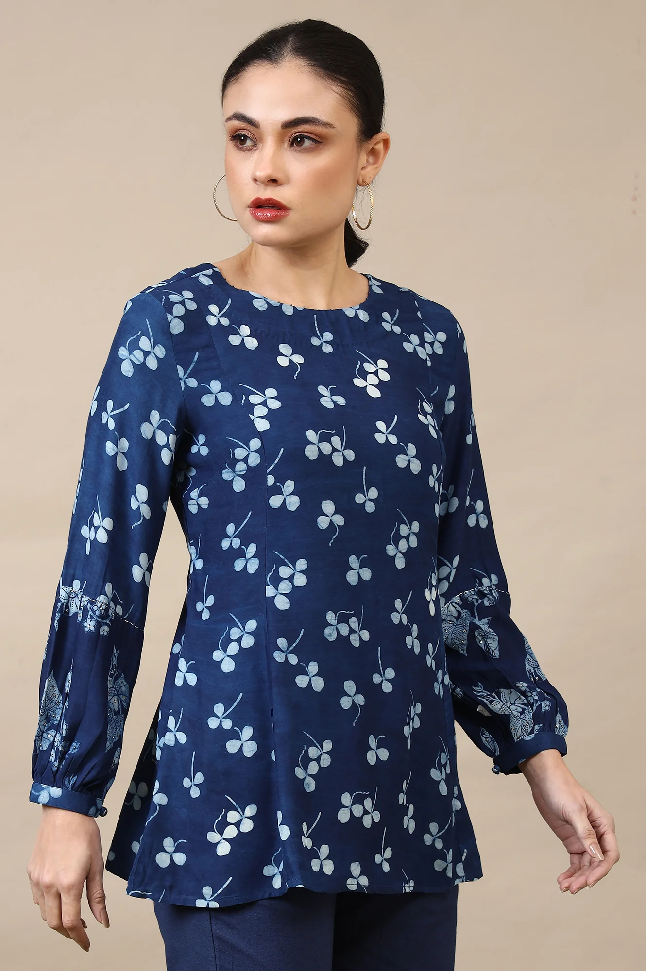 Indigo Dabu Printed Top in Lustrous Modal Satin - Image 7
