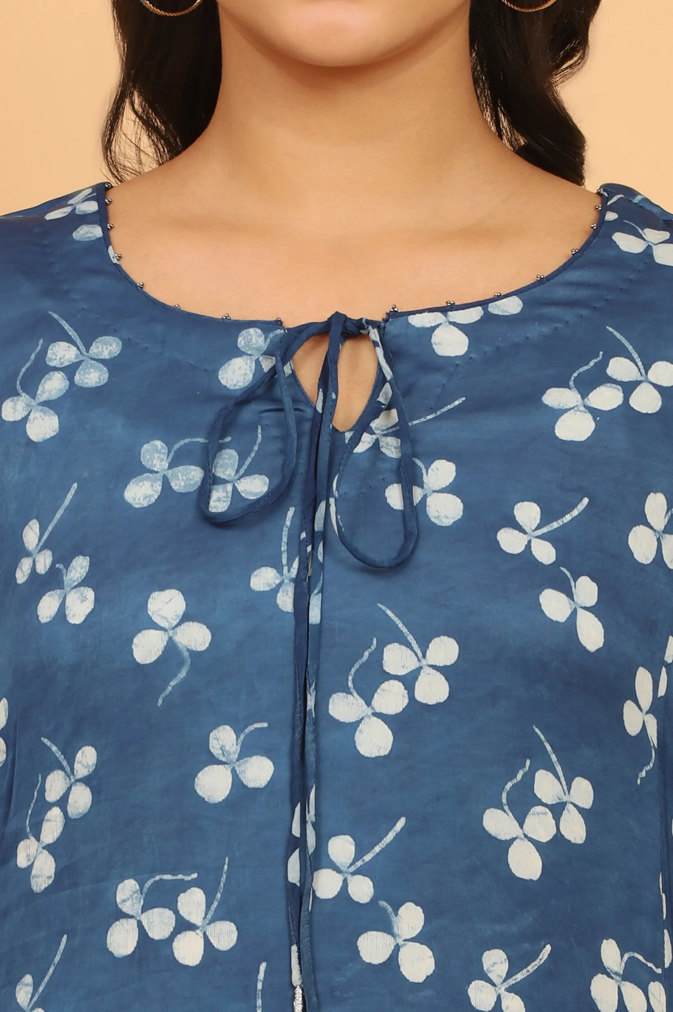 Indigo Handblock Print Kurta in Modal Satin - Image 4