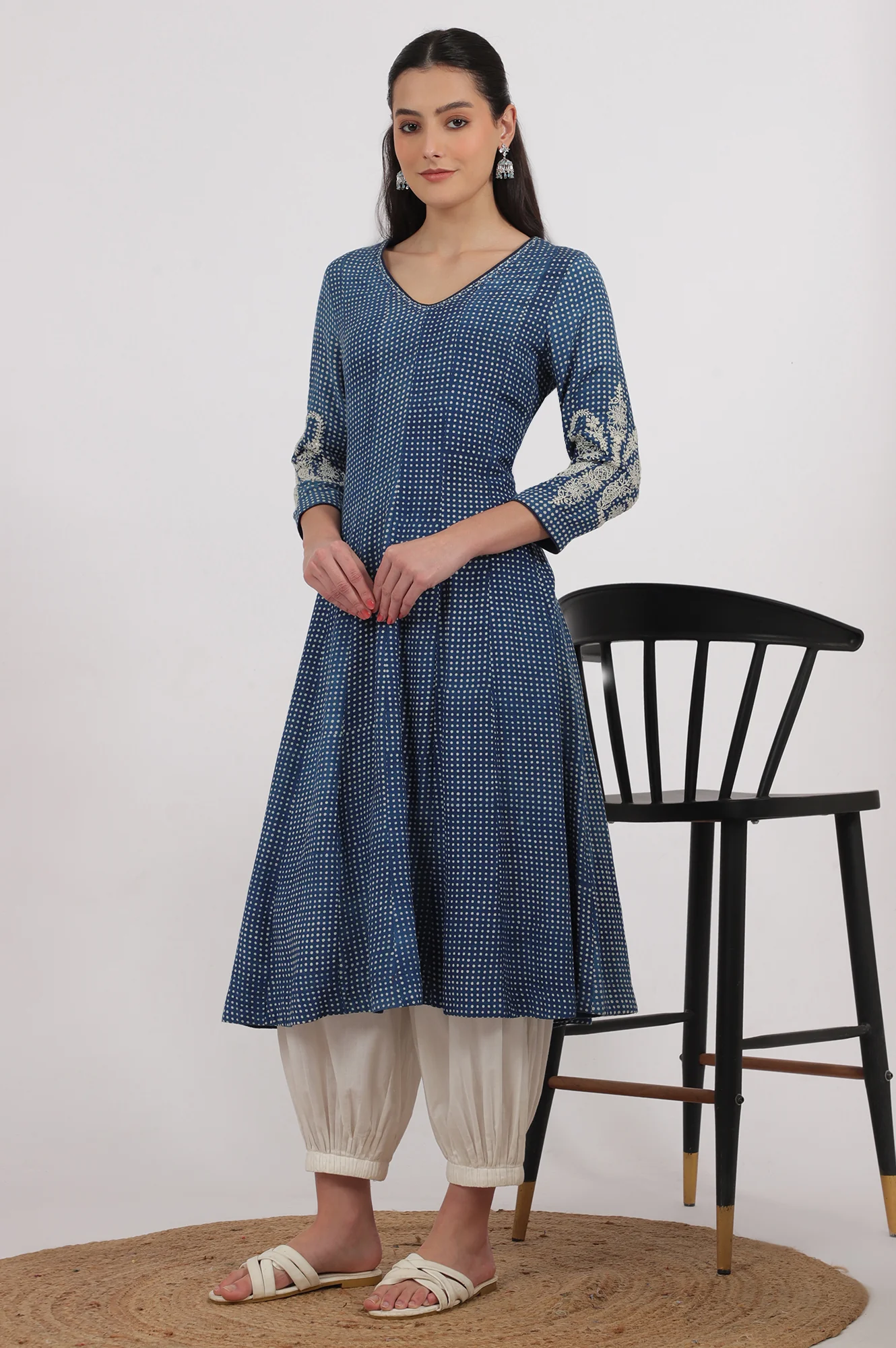 Indigo Handblock Printed Chikankari Kalidar Kurta - Image 5