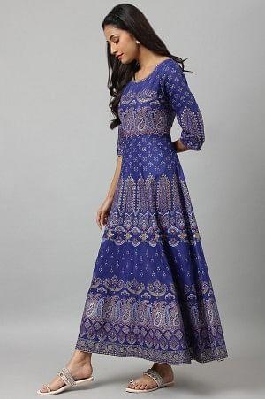 Indigo Paisley Print Flared Festive Dress - Image 3