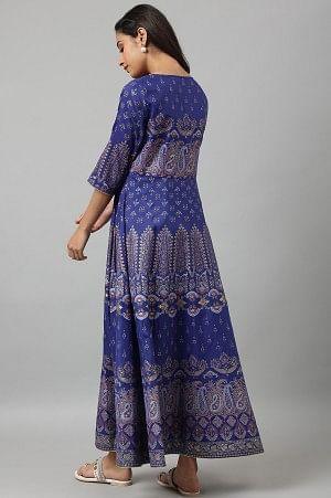 Indigo Paisley Print Flared Festive Dress - Image 4