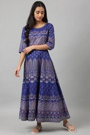 Indigo Paisley Print Flared Festive Dress - Image 5
