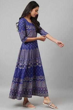Indigo Paisley Print Flared Festive Dress - Image 6