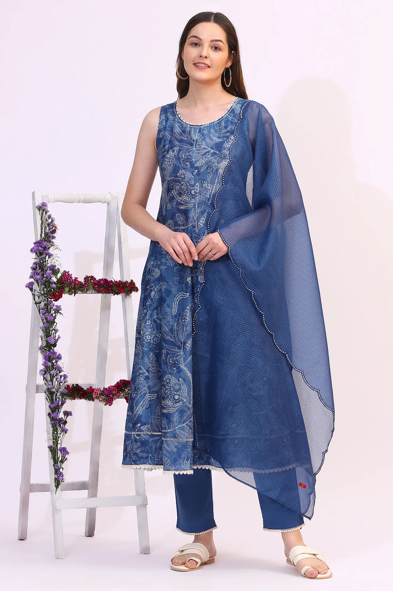 Ink Blue Sleeveless Pure Cotton Anarkali Kurta and Pants Set with Dupatta - Image 2