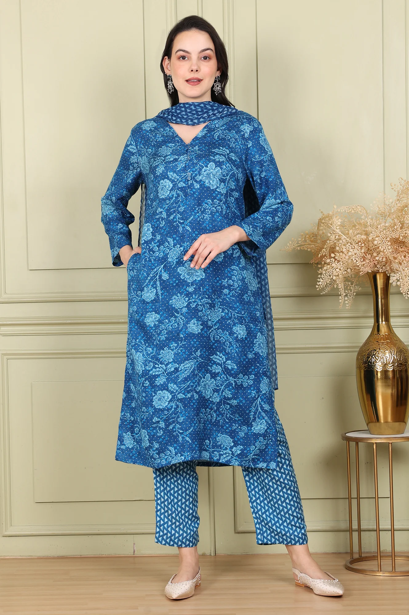 Ink Blue V-Neck Rayon Flax Straight Kurta, Printed Straight Pants Set With Dupatta - Image 2