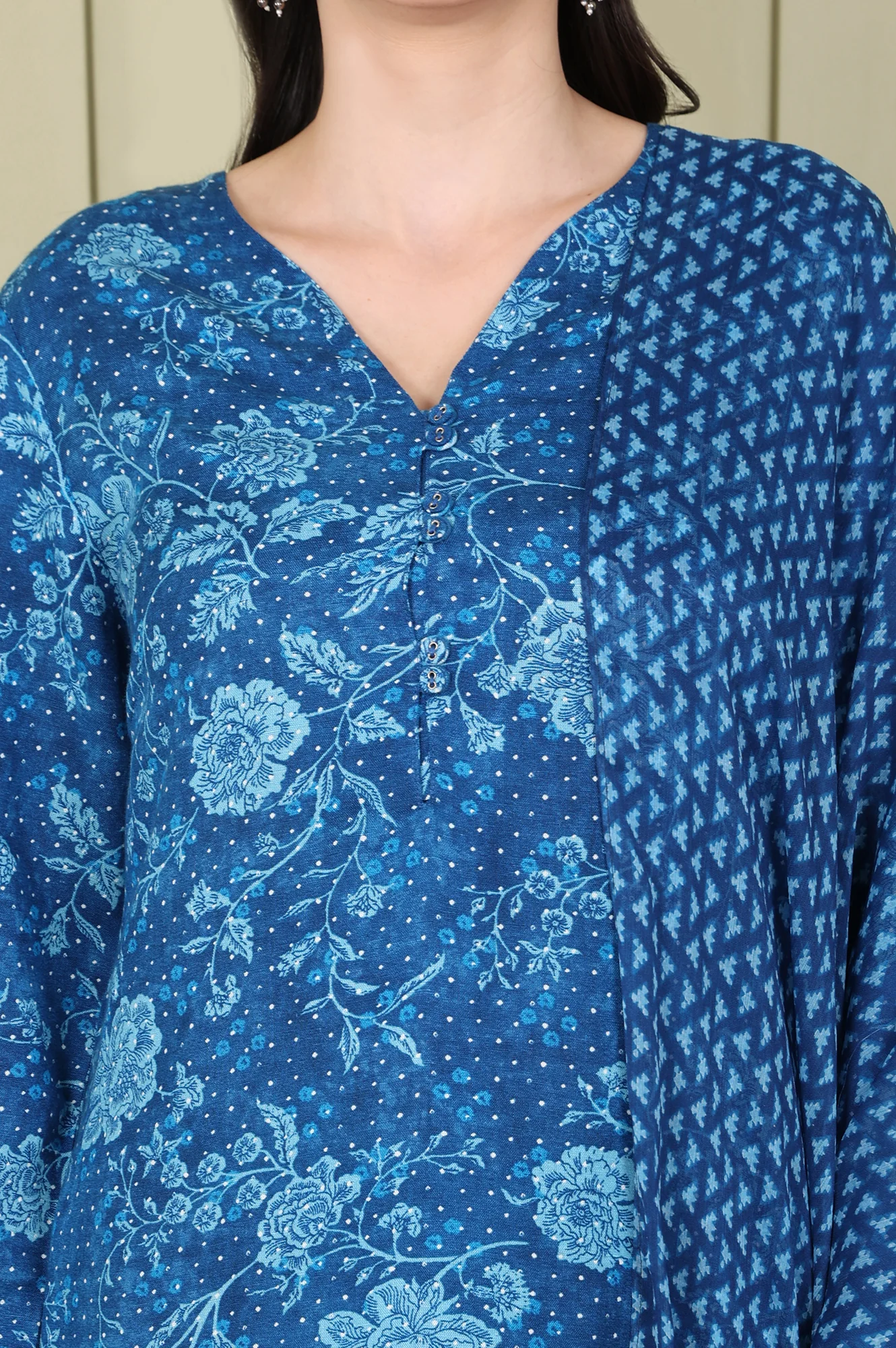 Ink Blue V-Neck Rayon Flax Straight Kurta, Printed Straight Pants Set With Dupatta - Image 3