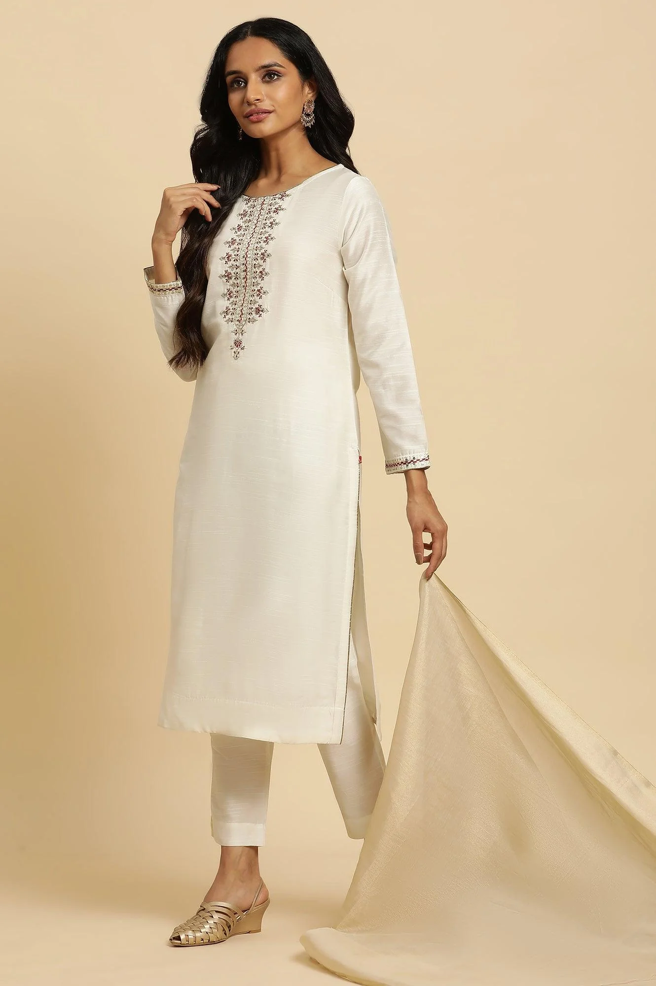 Ivory Zari Embroidered Straight Kurta, Pant And Dupatta Set
