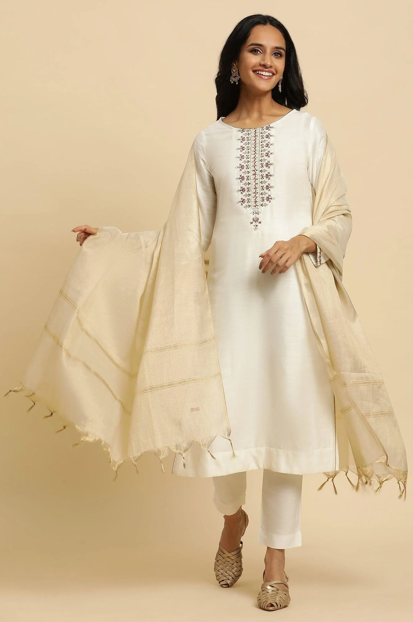 Ivory Zari Embroidered Straight Kurta, Pant And Dupatta Set - Image 2