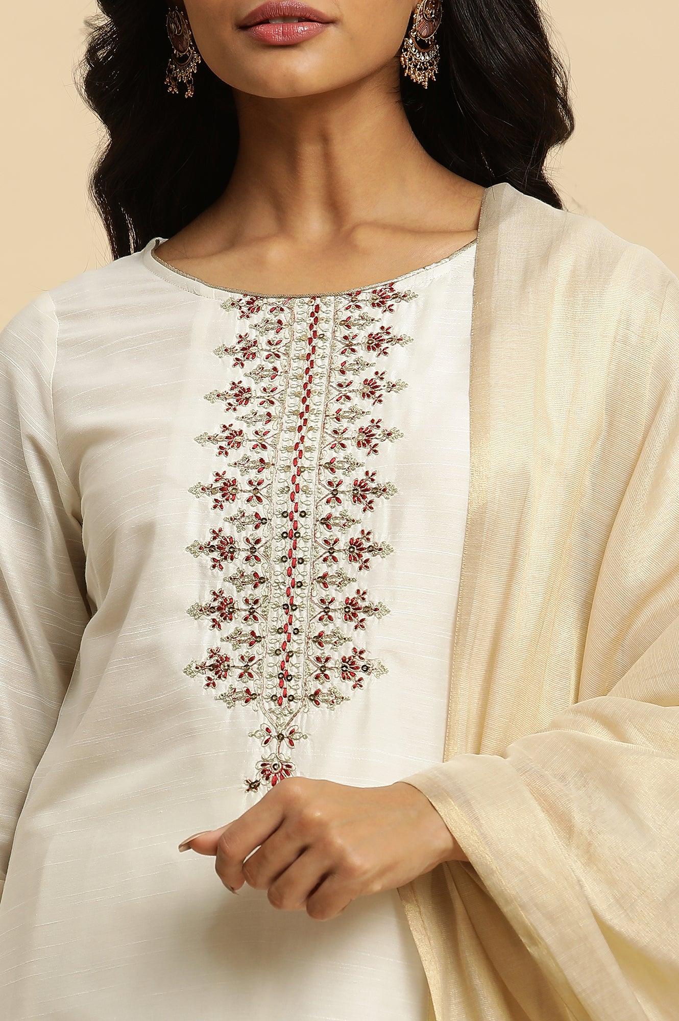 Ivory Zari Embroidered Straight Kurta, Pant And Dupatta Set - Image 6