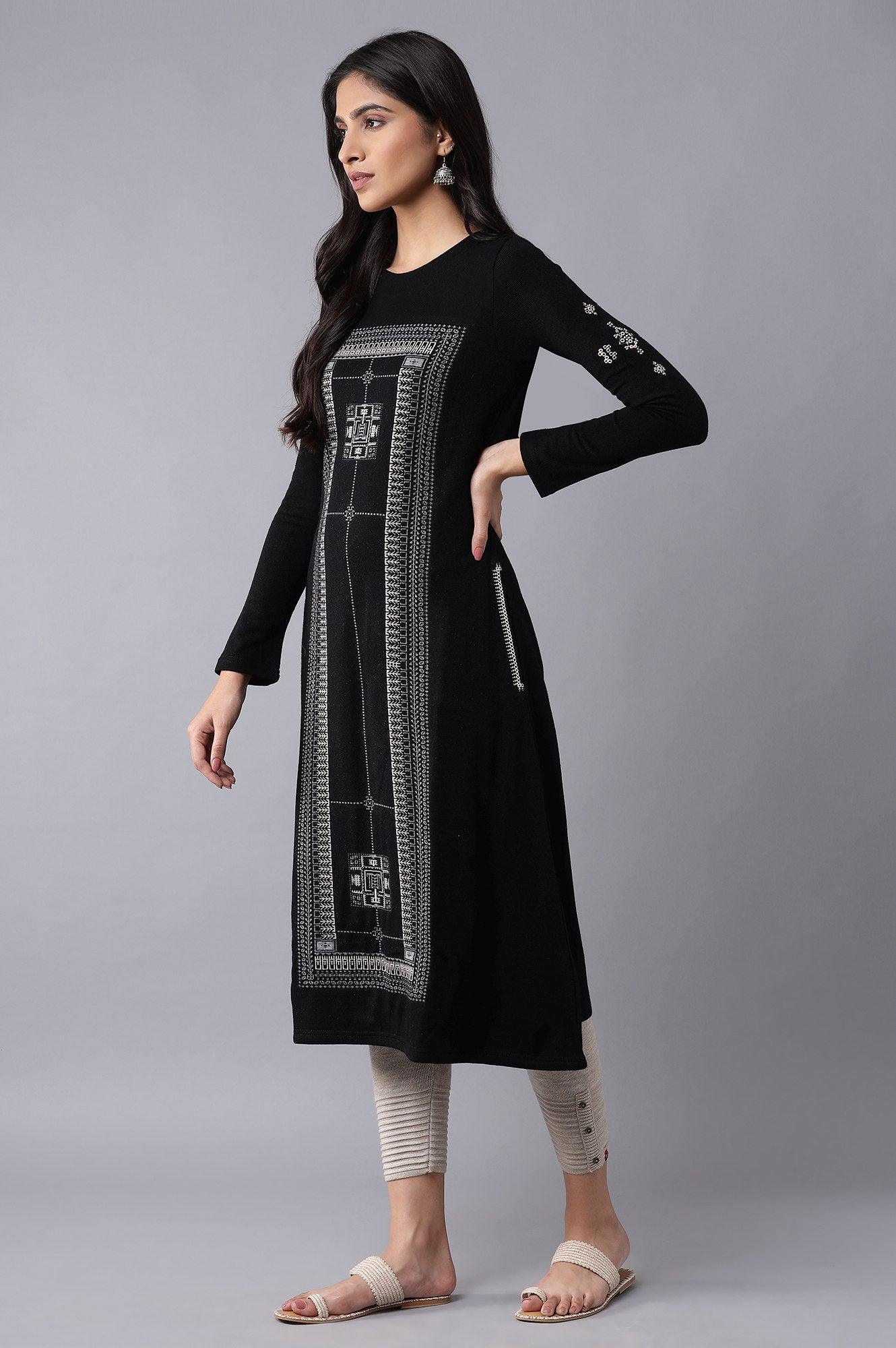 Jet Black A-line Winter kurta - Image 3