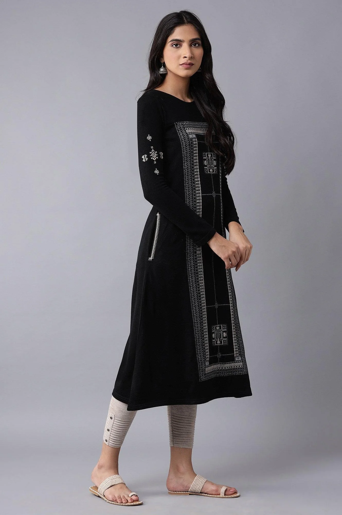 Jet Black A-line Winter kurta - Image 4