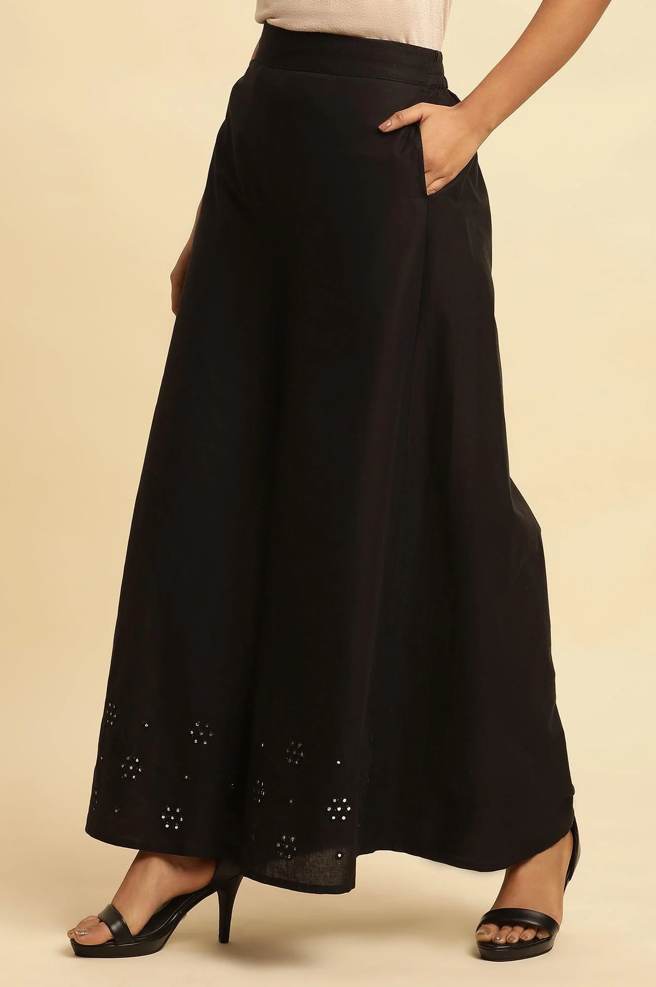 Jet Black Flared Culottes With Mirror Work - Image 2