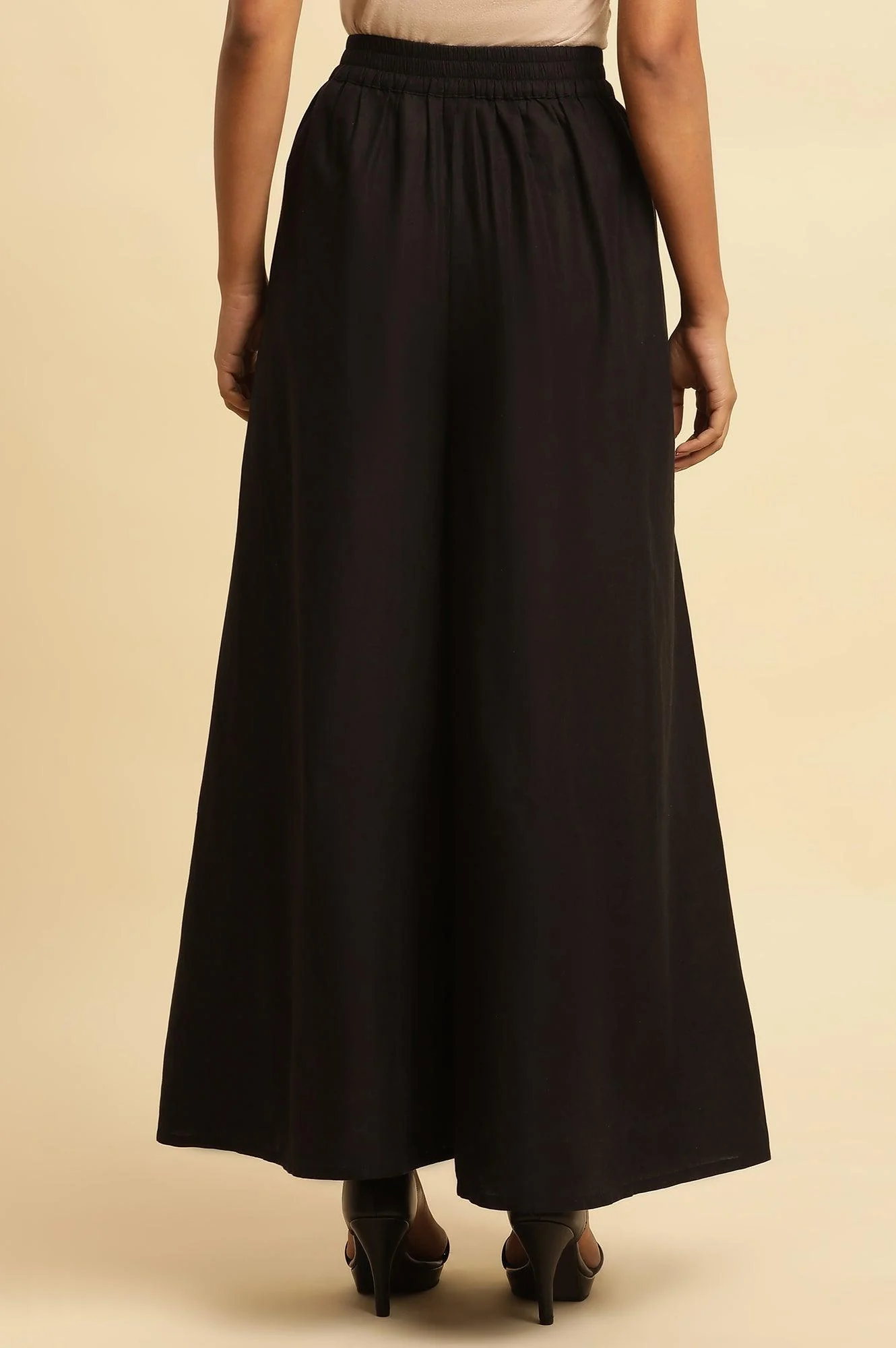 Jet Black Flared Culottes With Mirror Work - Image 3