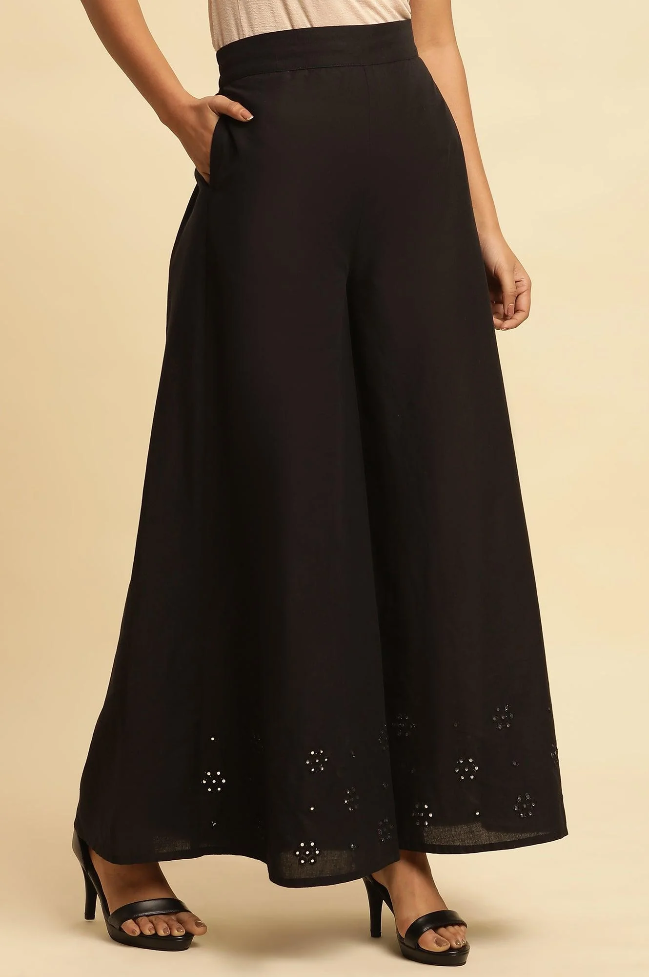 Jet Black Flared Culottes With Mirror Work - Image 4