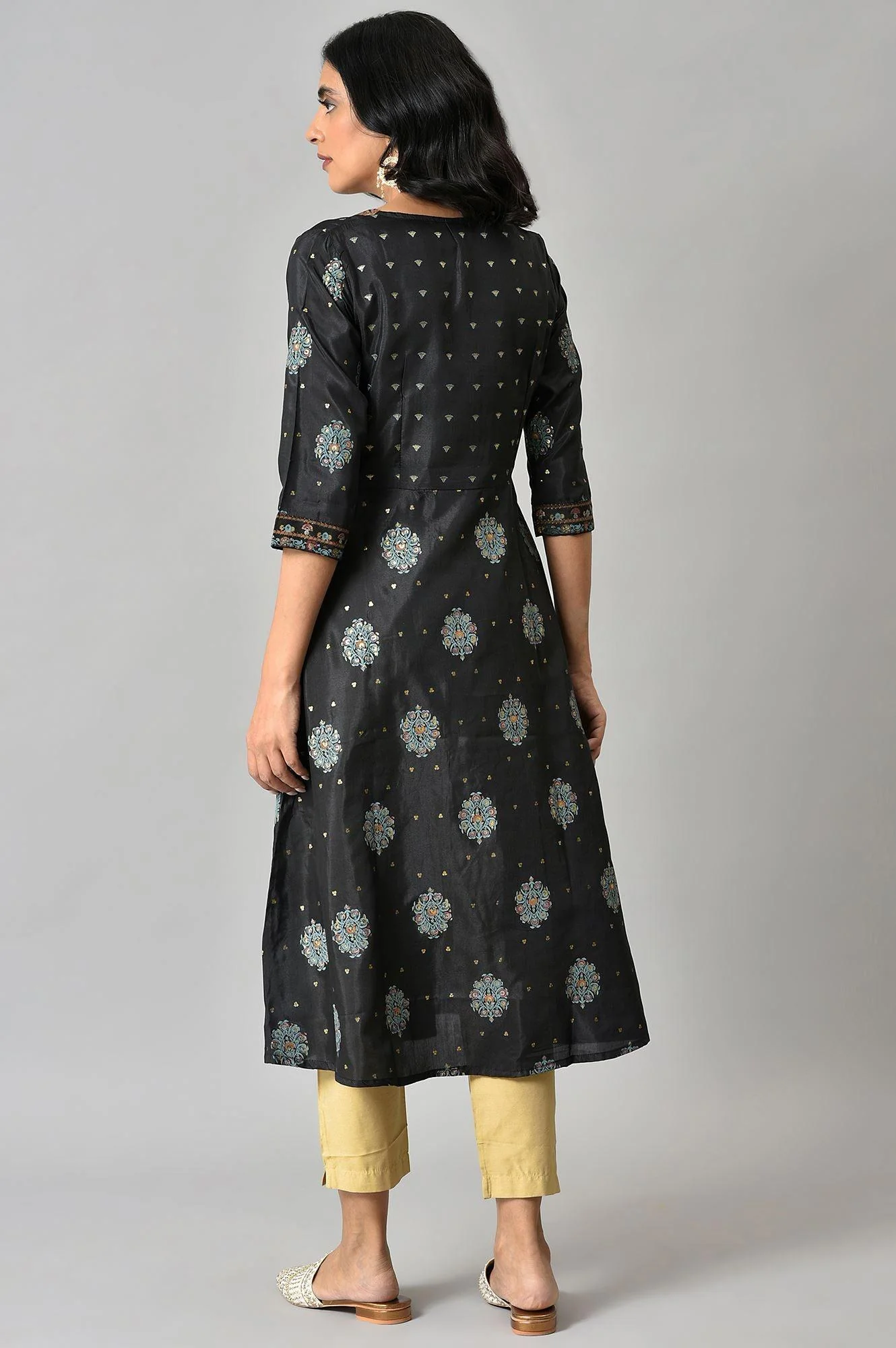 Jet Black Foil Printed Shantung kurta - Image 2