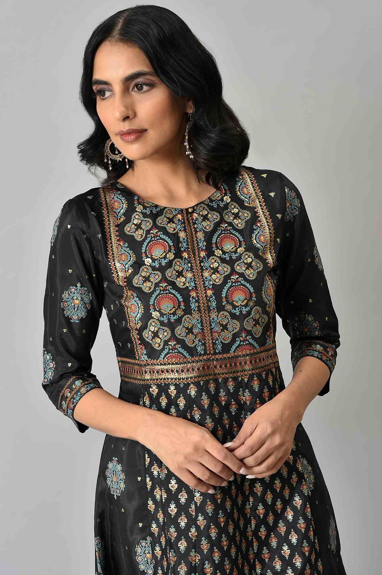 Jet Black Foil Printed Shantung kurta - Image 5