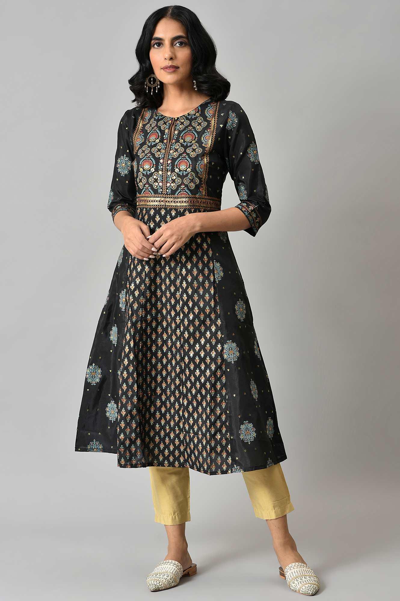 Jet Black Foil Printed Shantung kurta - Image 6
