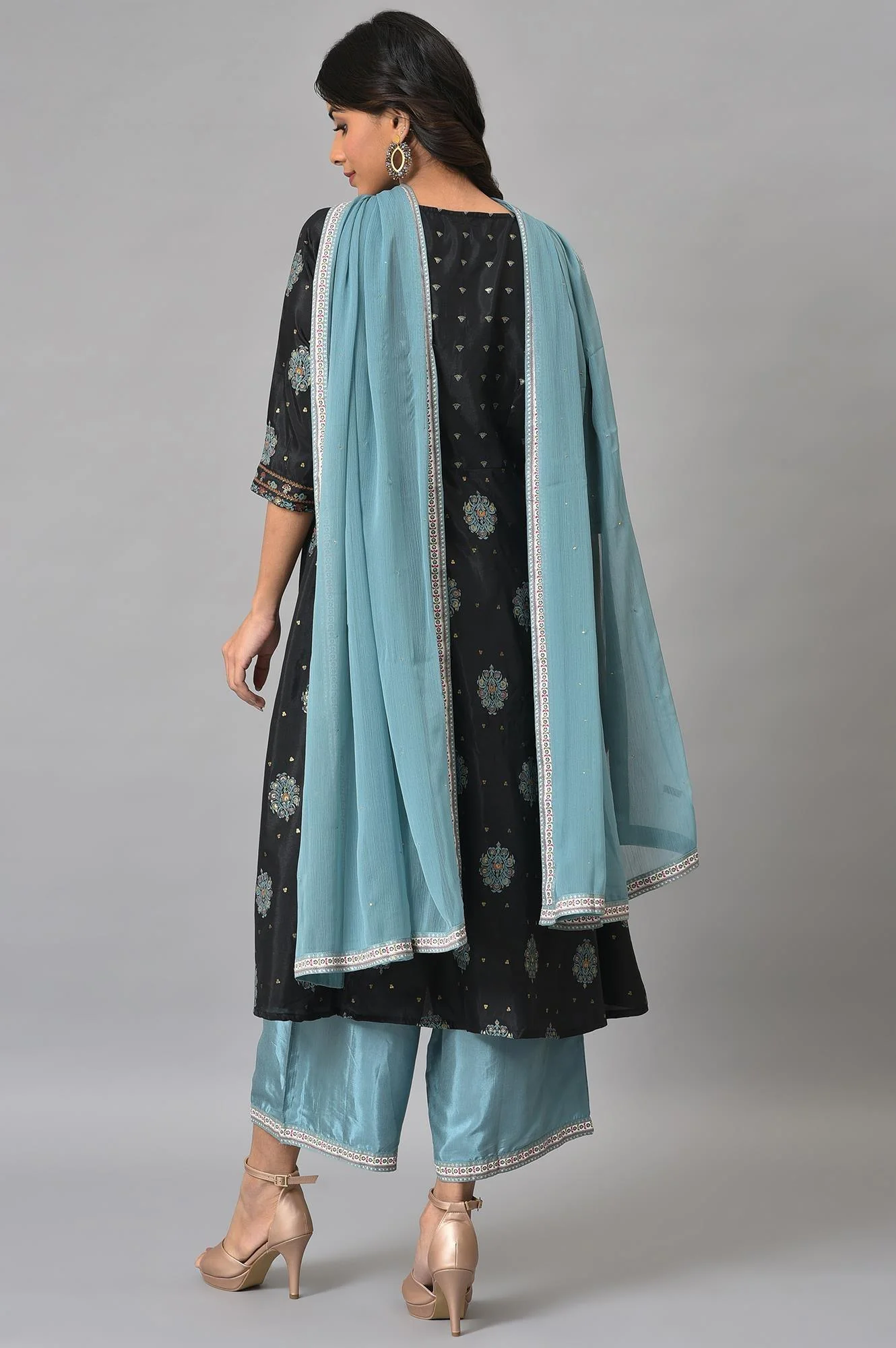 Jet Black Foil Printed Shantung kurta With Blue Parallel Pants And Chiffon Dupatta - Image 2