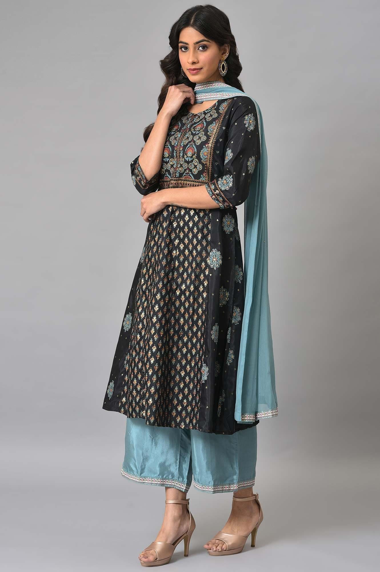 Jet Black Foil Printed Shantung kurta With Blue Parallel Pants And Chiffon Dupatta - Image 3