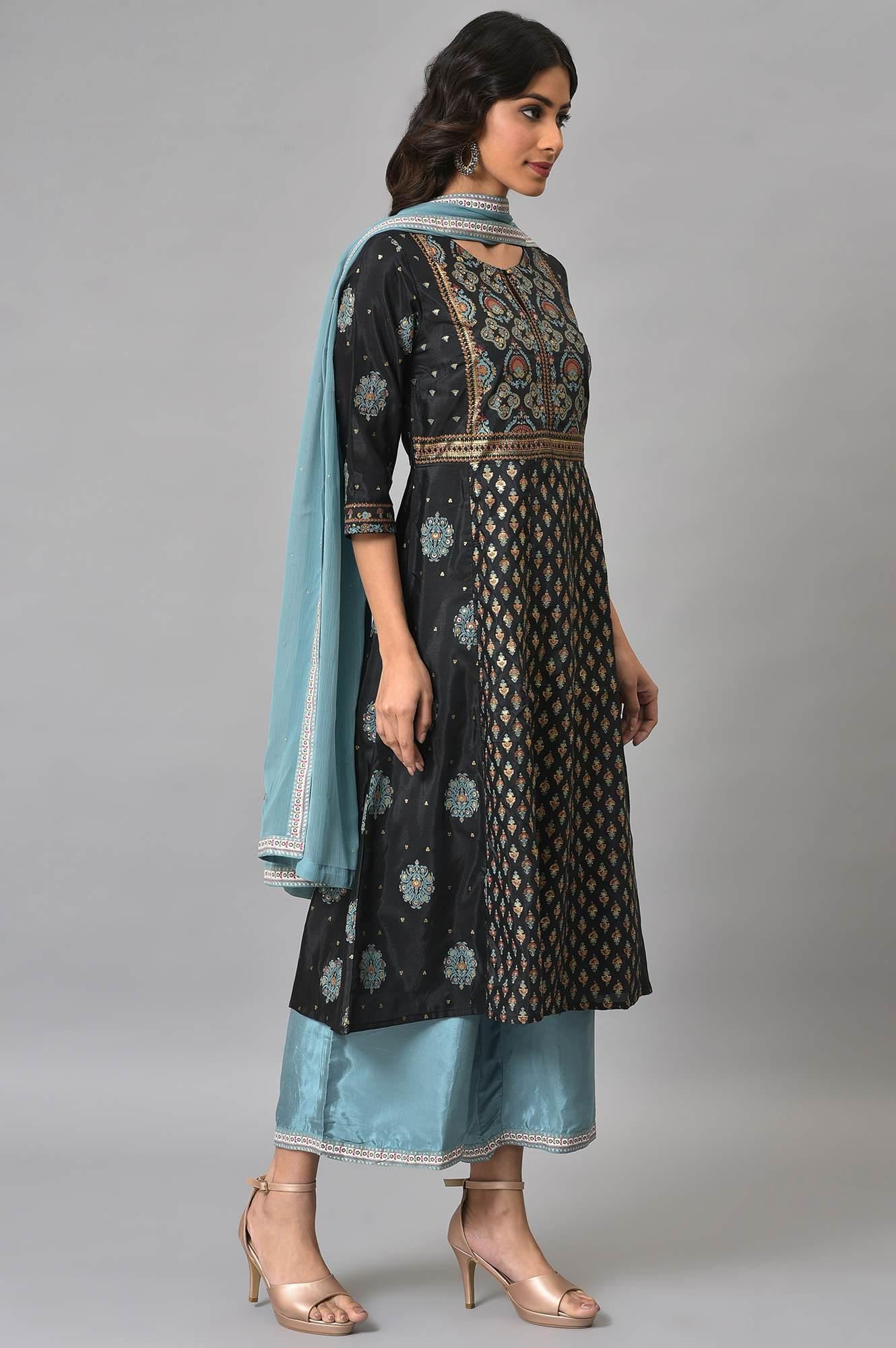 Jet Black Foil Printed Shantung kurta With Blue Parallel Pants And Chiffon Dupatta - Image 4