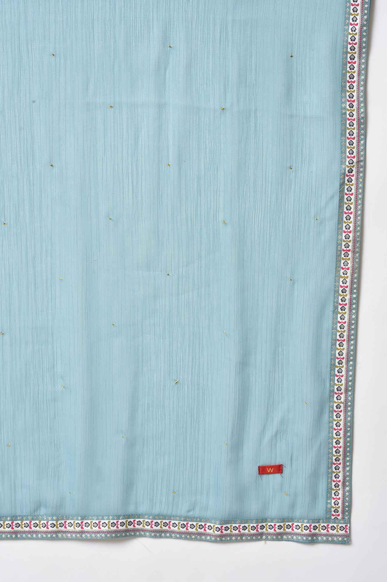 Jet Black Foil Printed Shantung kurta With Blue Parallel Pants And Chiffon Dupatta - Image 9