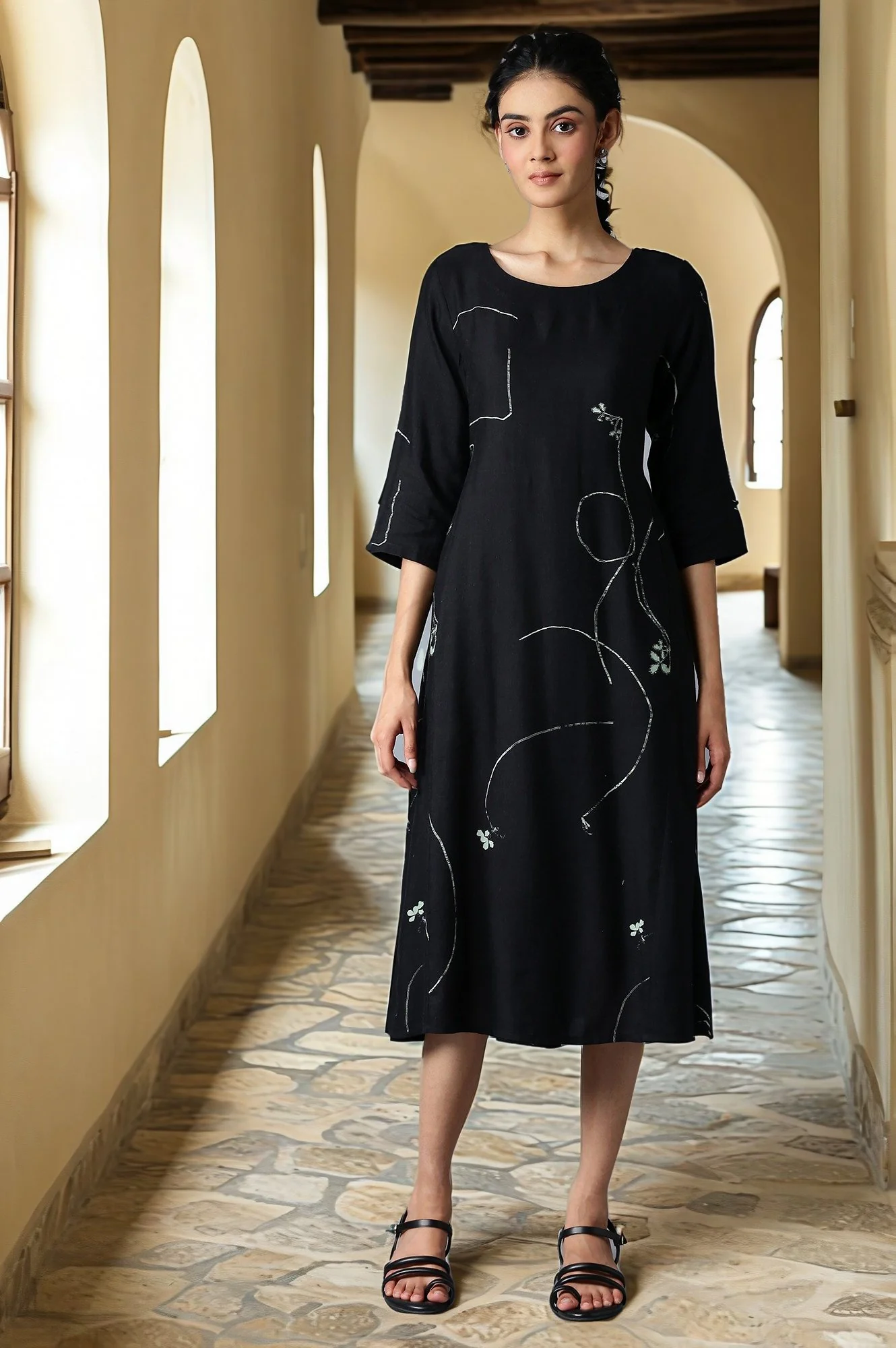 Jet Black Gathered Dress