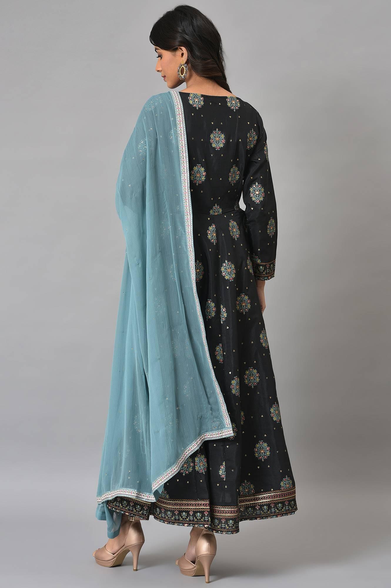 Jet Black Printed Kalidar Embroidered Dress With Blue Chiffon Dupatta - Image 2