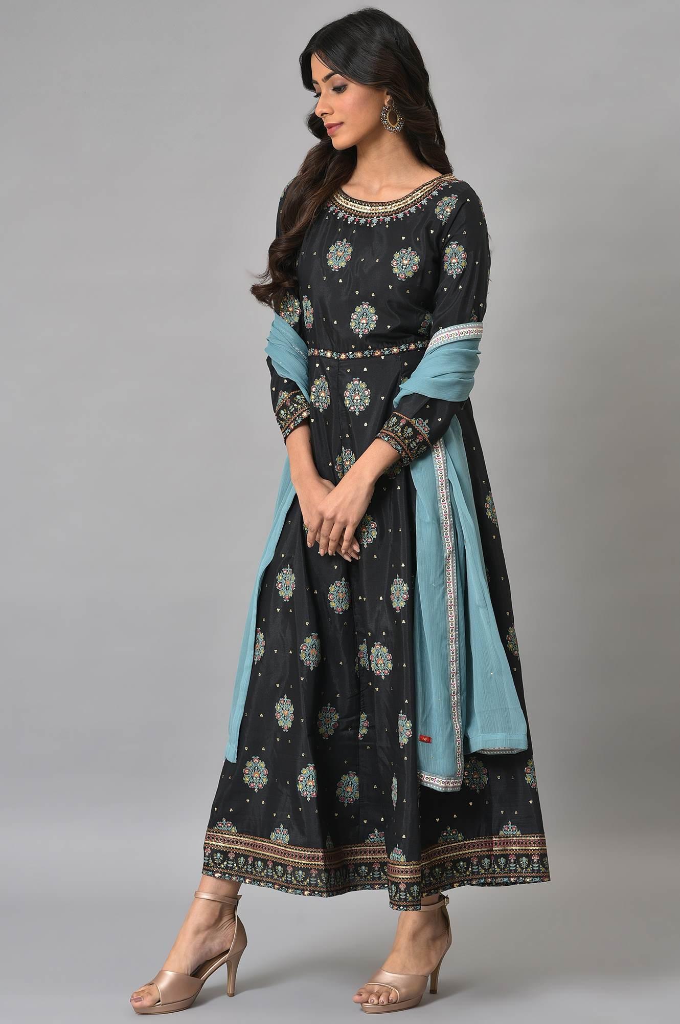 Jet Black Printed Kalidar Embroidered Dress With Blue Chiffon Dupatta - Image 3