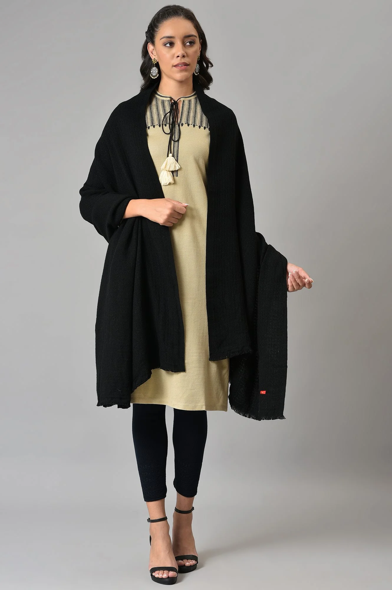 Jet Black Solid Winter Shawl - Image 2