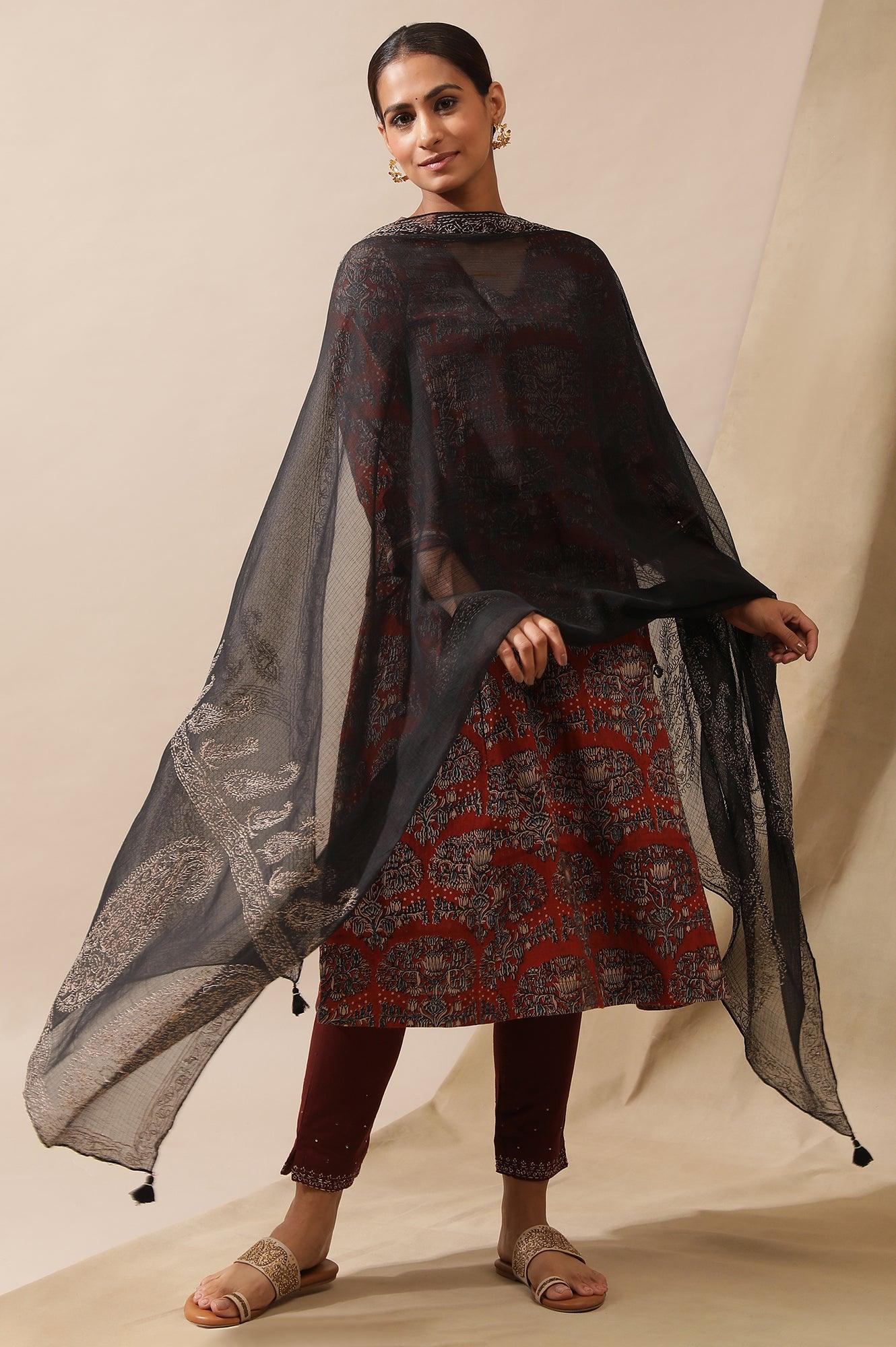Jet Black Tepchi Embroidered Kota Drape - Image 4