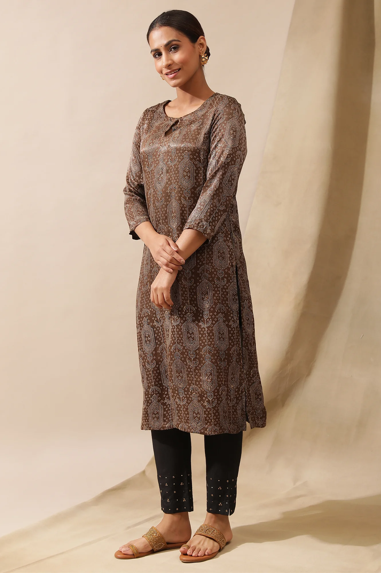 Khakhi Ajrakh Print Kurta In Lustrous Satin - Image 2